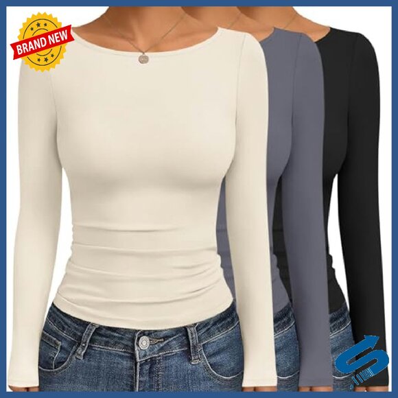 3-Pack Long Sleeve Thermal Tops, Boat Neck, Ruched Side, Soft Material - Picture 2 of 8